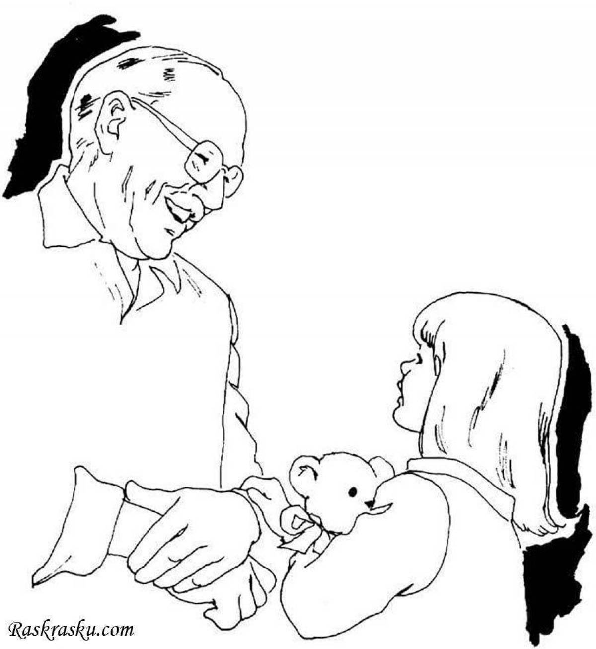 Coloring page cheerful grandfather for his birthday from granddaughter