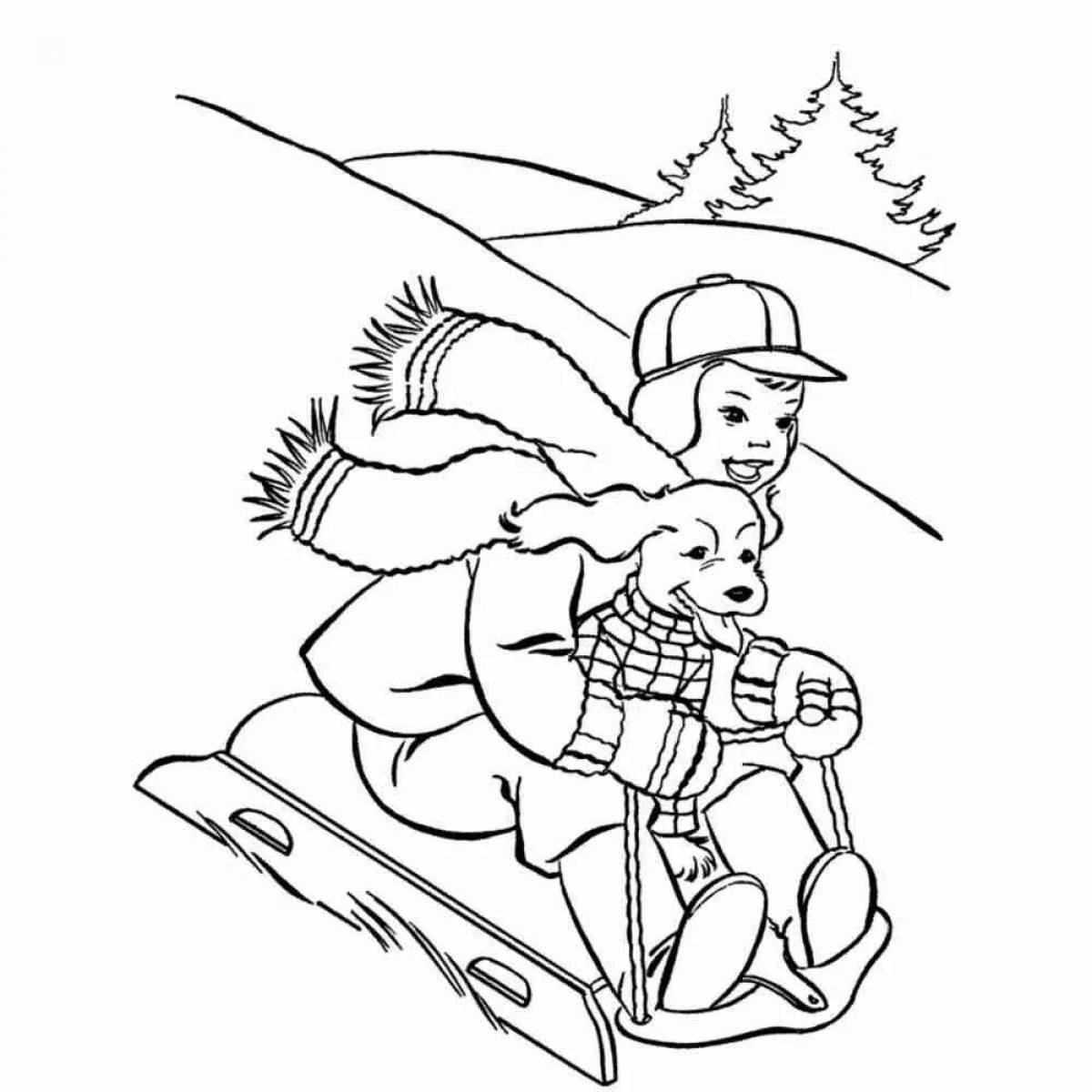 Joyful children sledding down the mountain