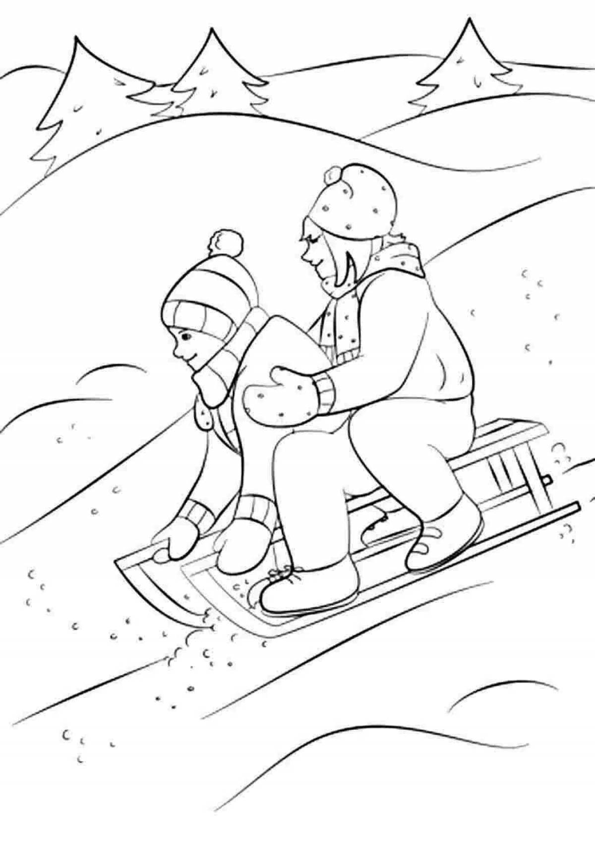 Excited children sledding down the mountain