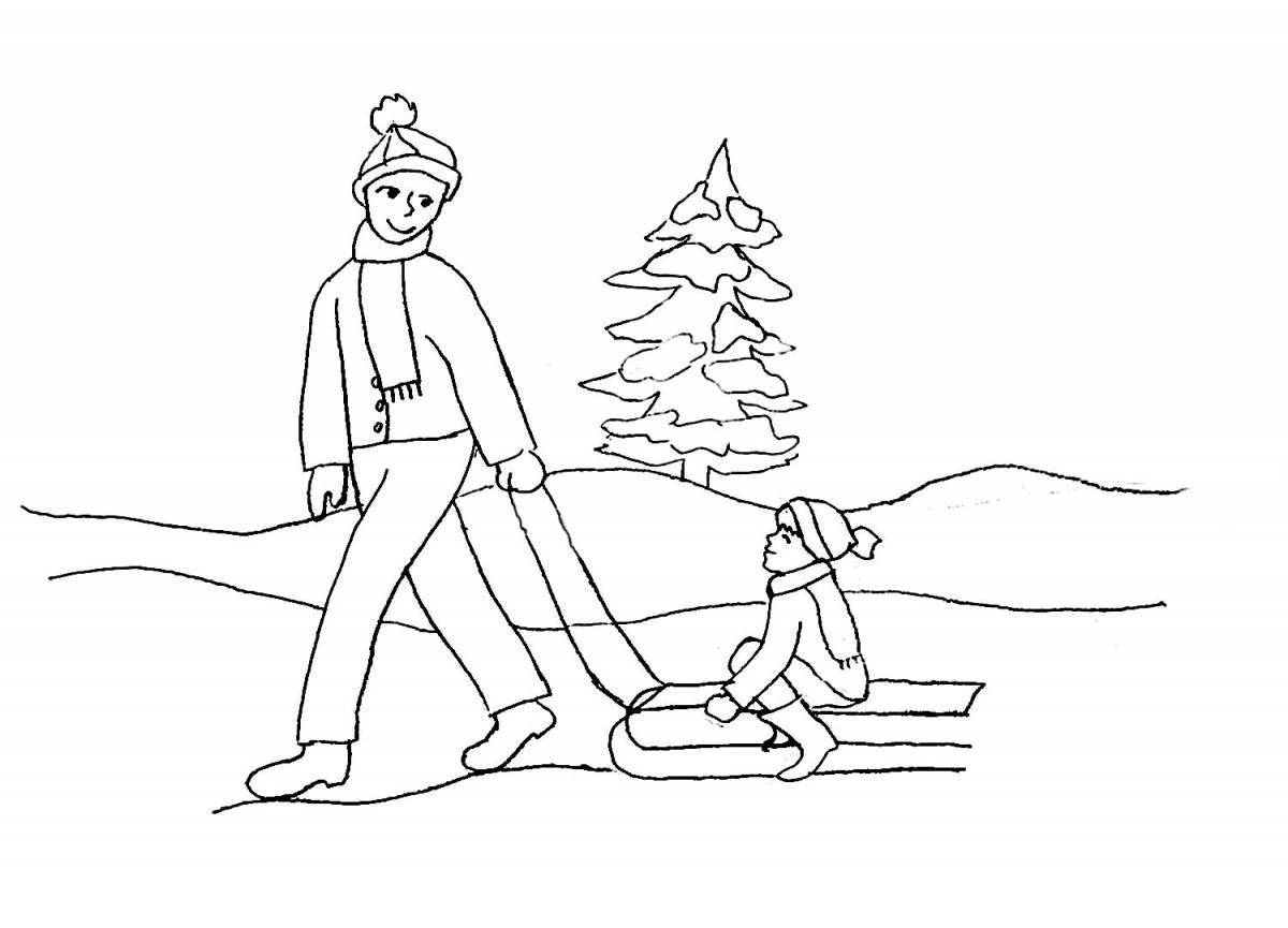 Cheerful children sledding down the hill
