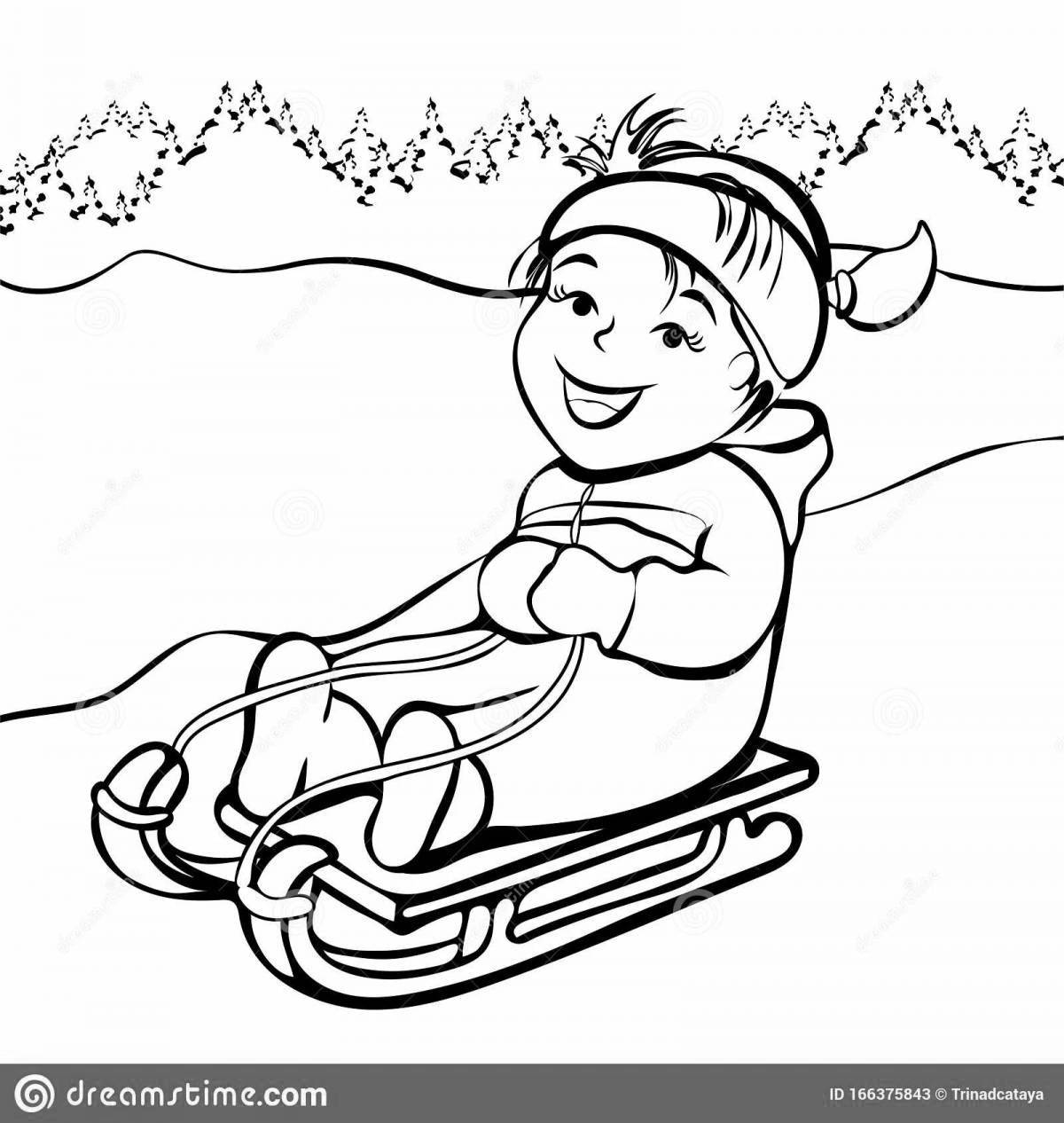 Enthusiastic children sled down the mountain
