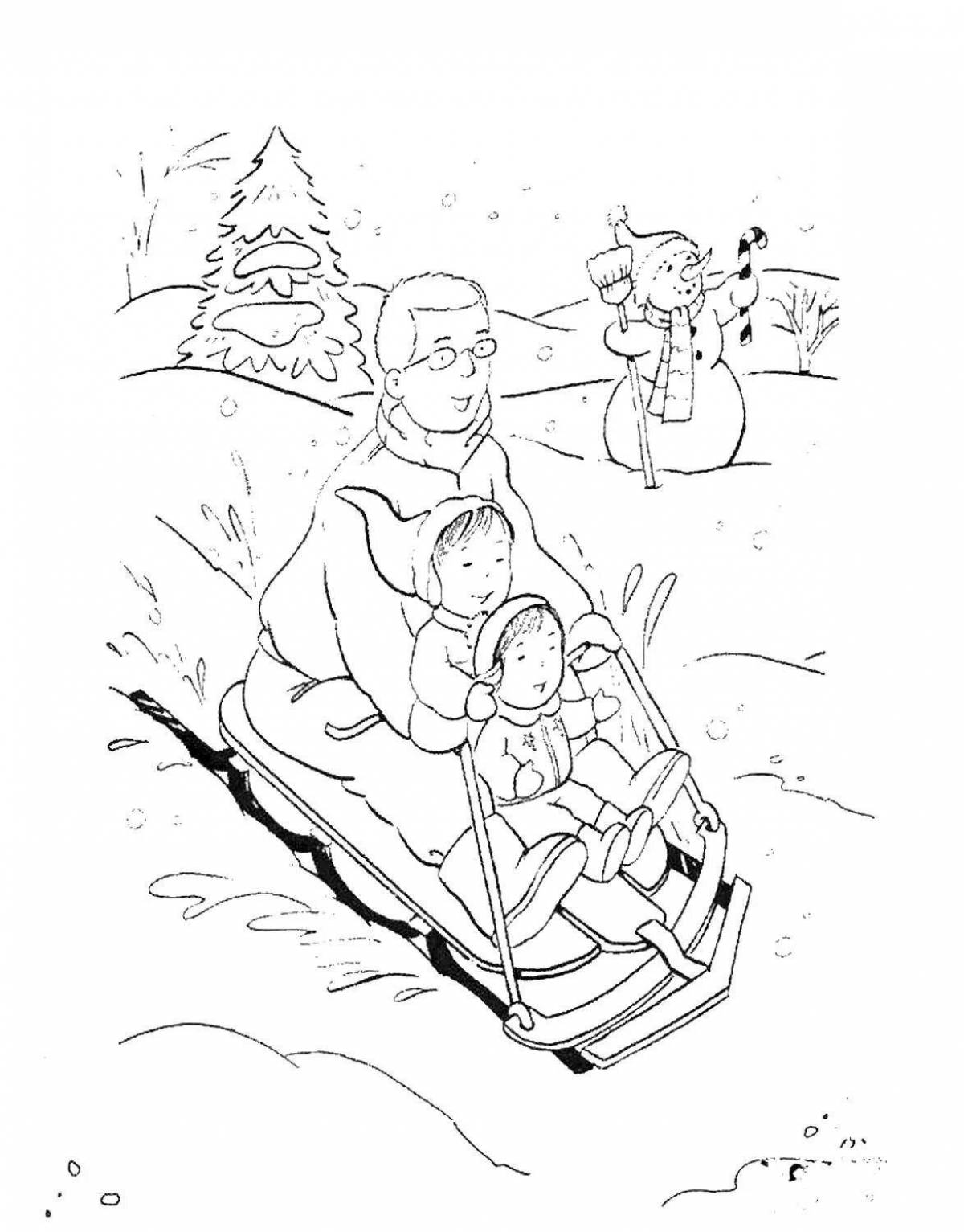 Happy children sledding down the mountain