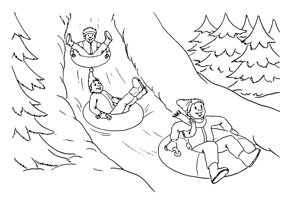 Сверкающие дети катаются на санках с холма