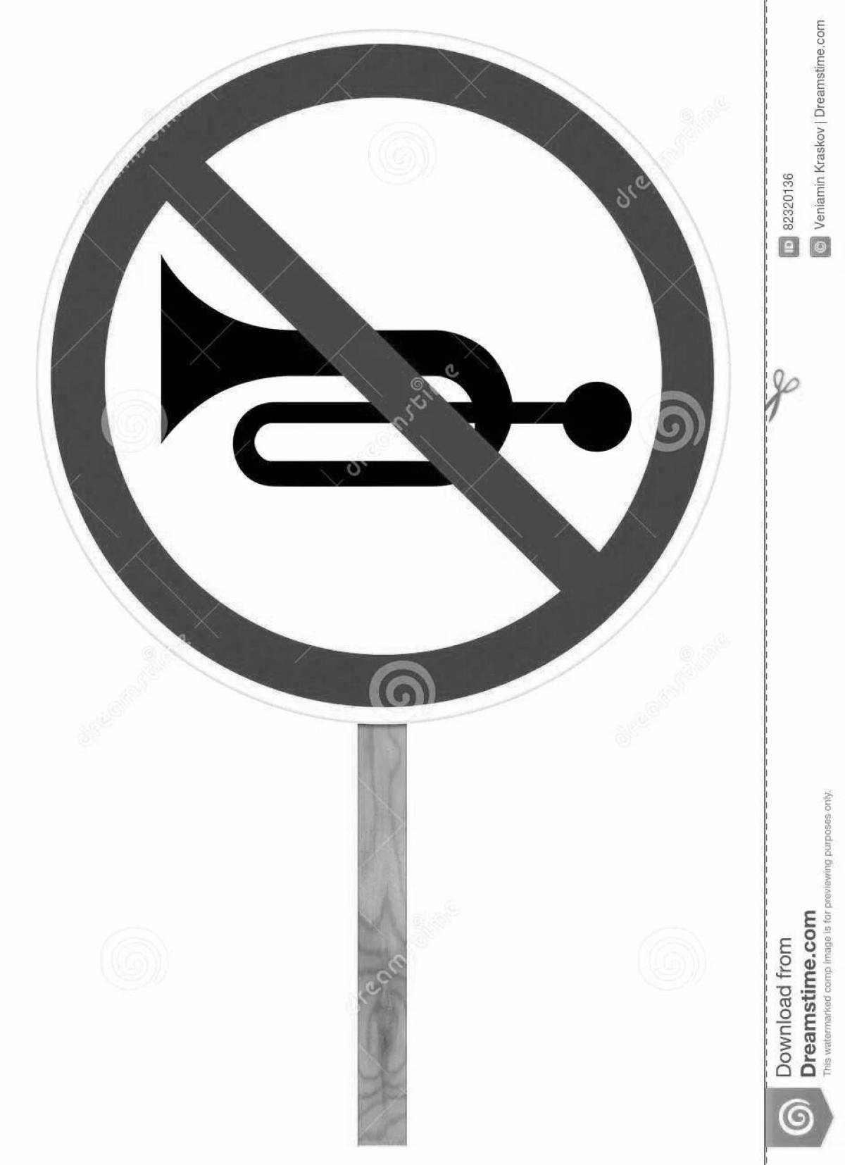 Coloring book colorful horn prohibited traffic sign