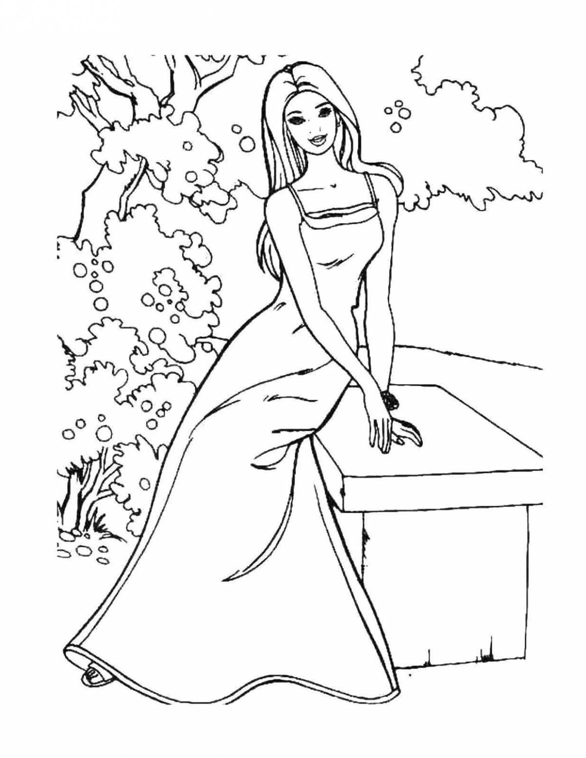 Роскошная раскраска девушка в длинном платье