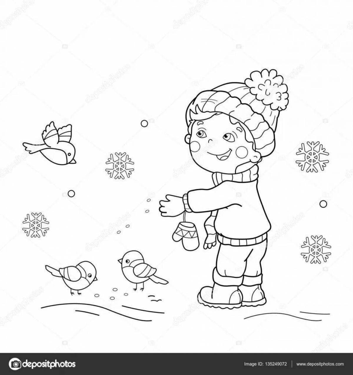 Photo Joyful children feed the birds at the bird feeder in winter