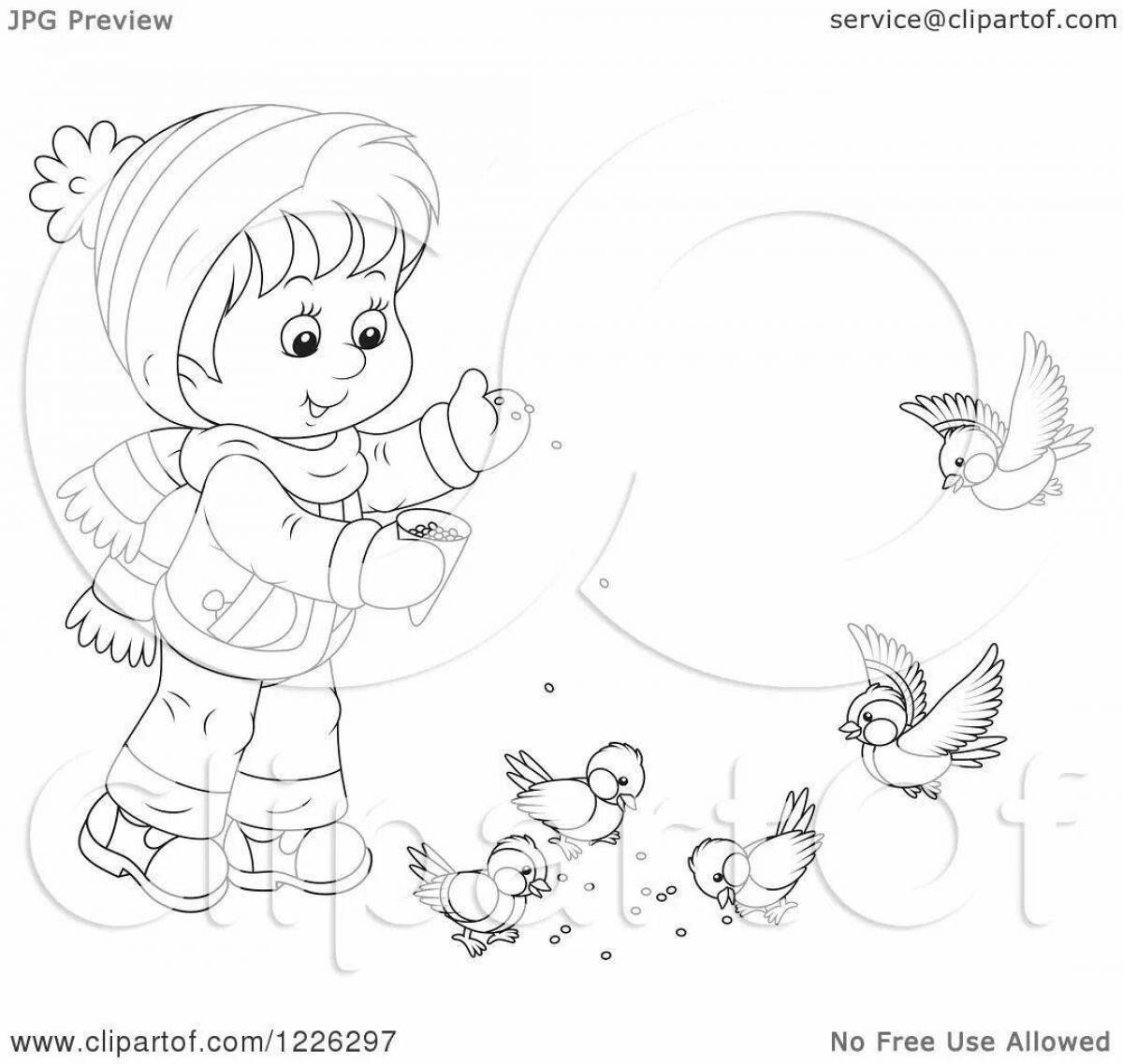 Лучезарные дети кормят птиц зимой у кормушки