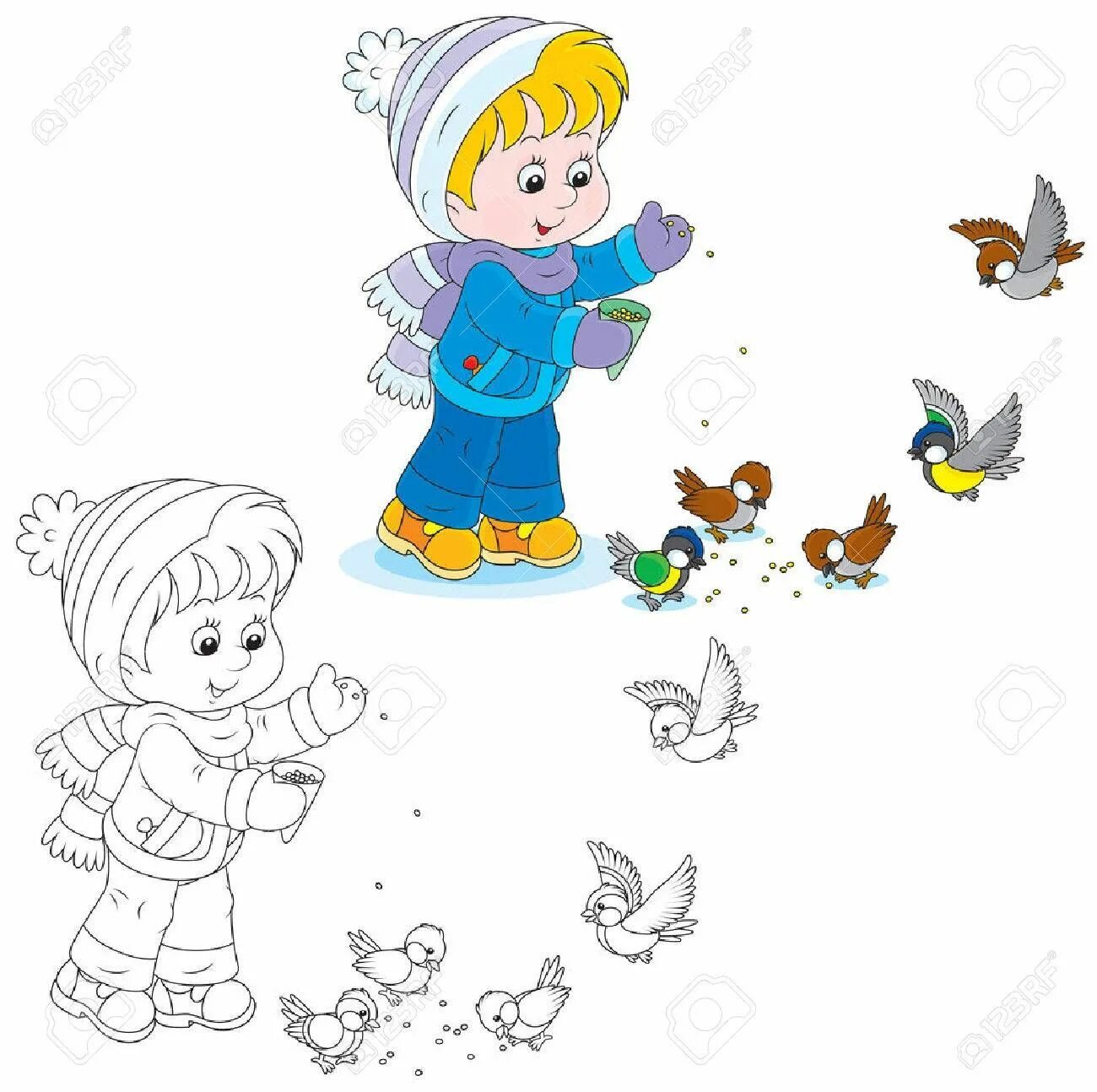Воодушевленные дети кормят птиц зимой у кормушки