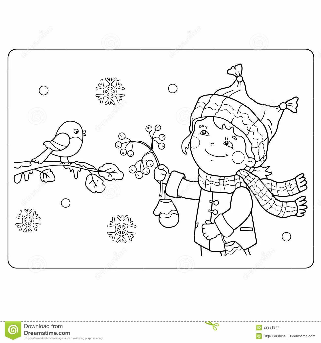 Живые дети кормят птиц зимой у кормушки