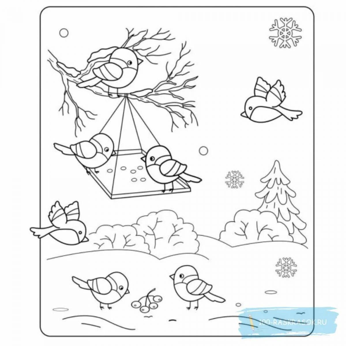 Оживленные дети кормят птиц зимой у кормушки