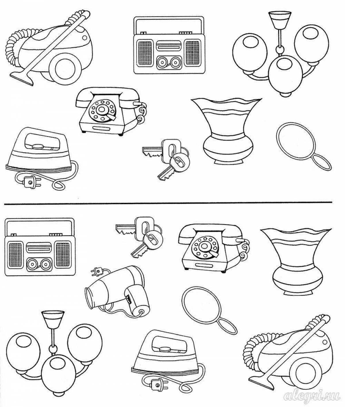 Colorful household appliances coloring book for kindergarten