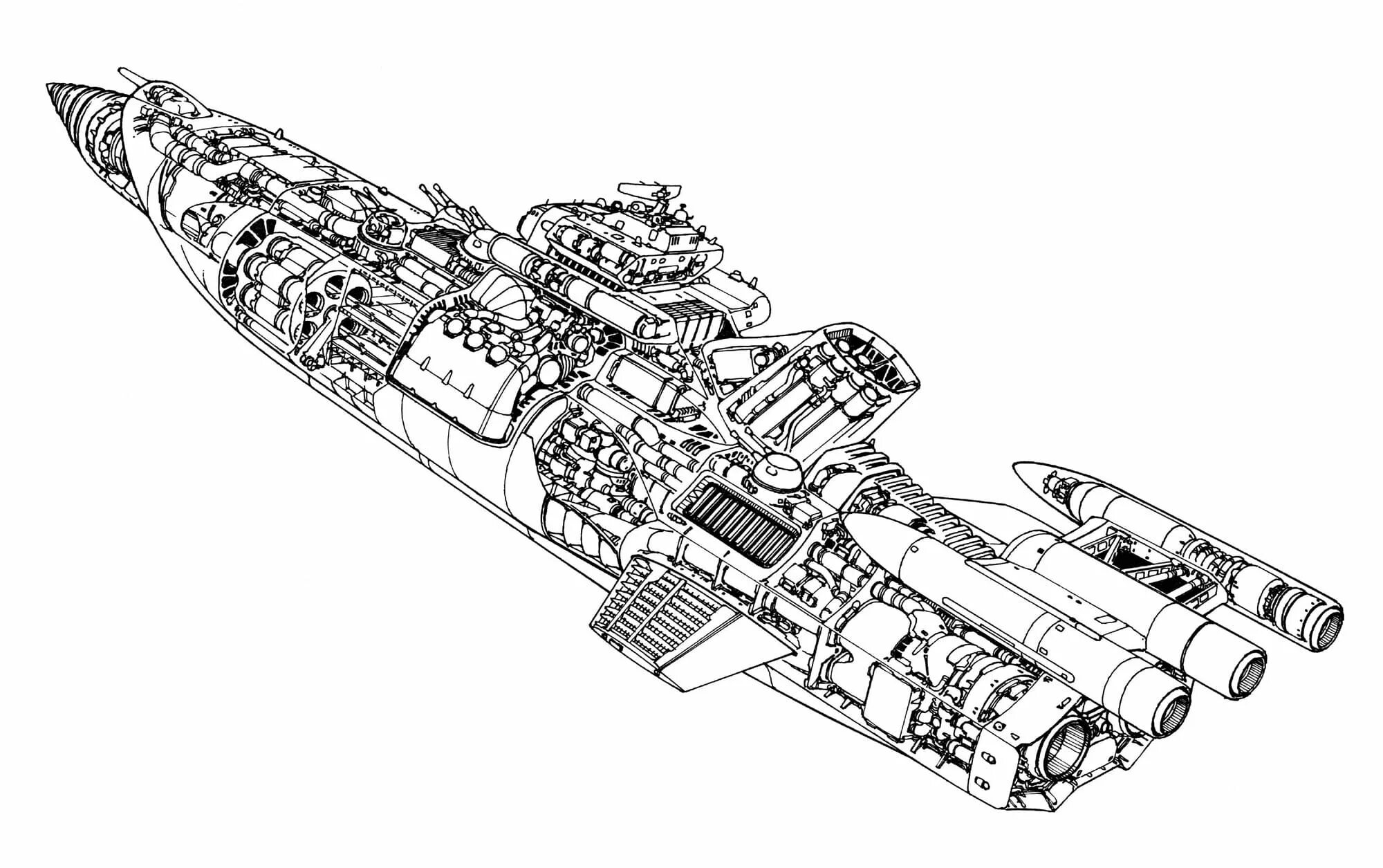 Colorfully shaded starship coloring page