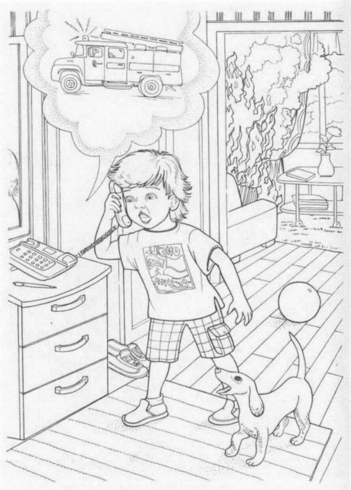 Comic fire safety coloring page