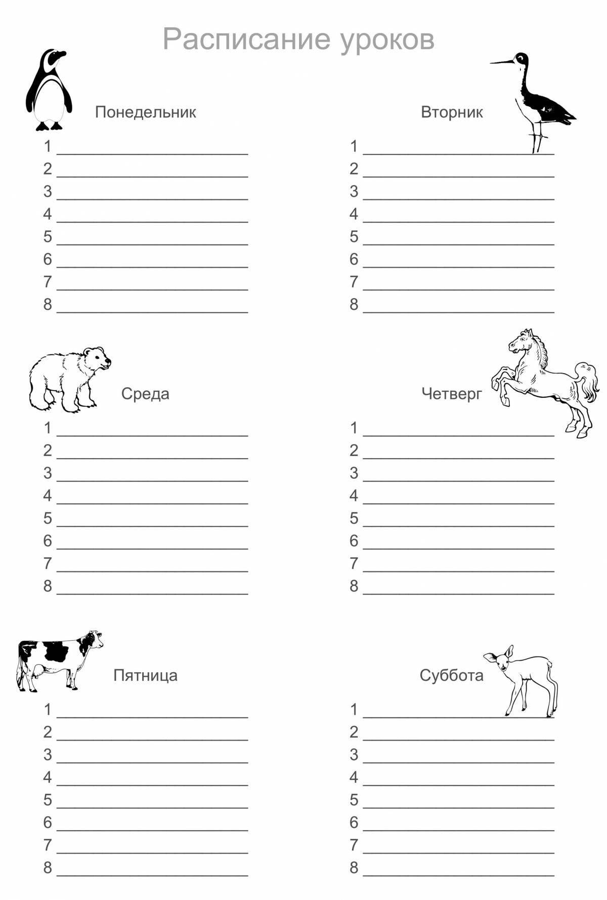 Playful timetable coloring page for girls