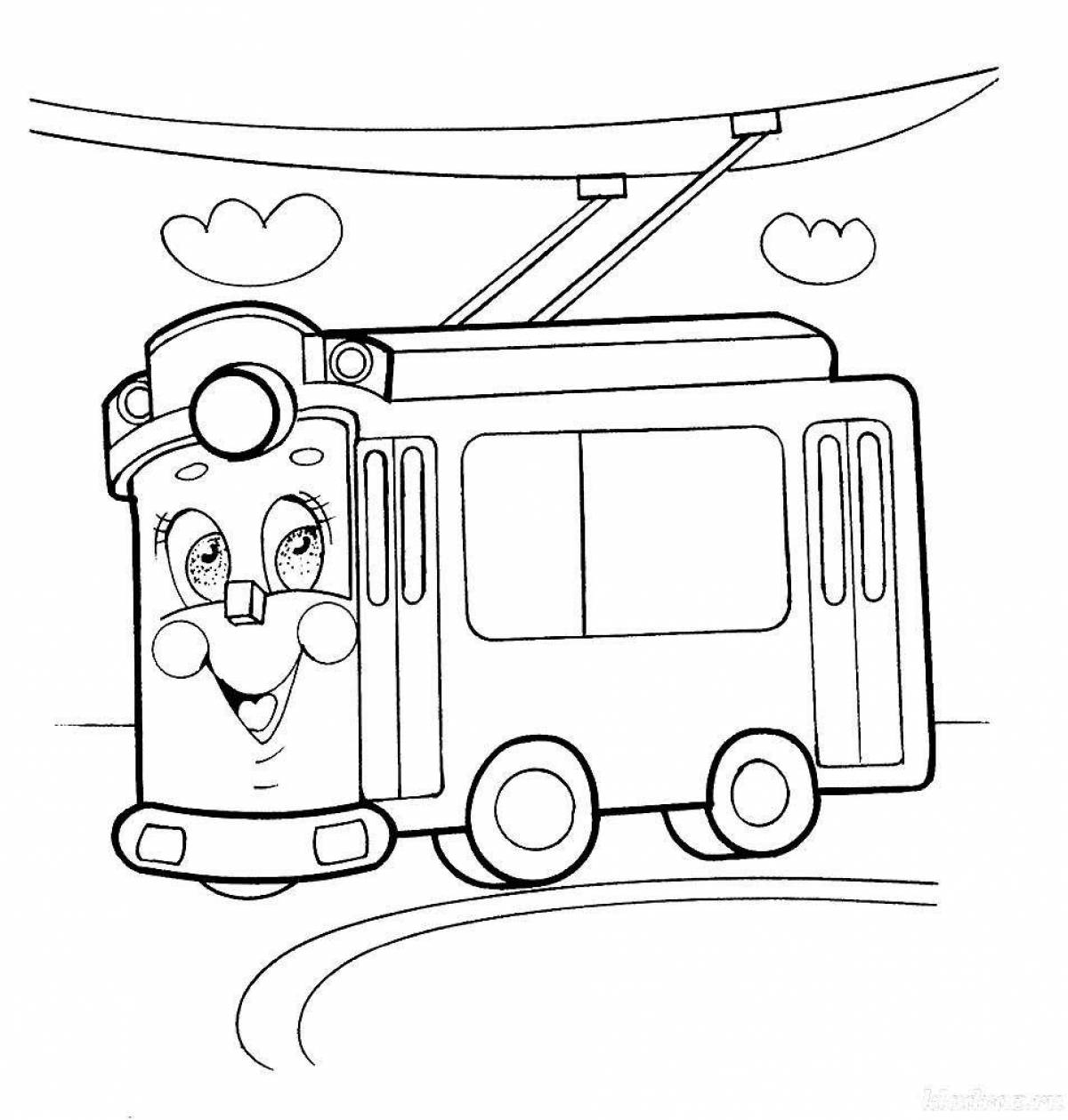Coloring page happy trolleybus for kids