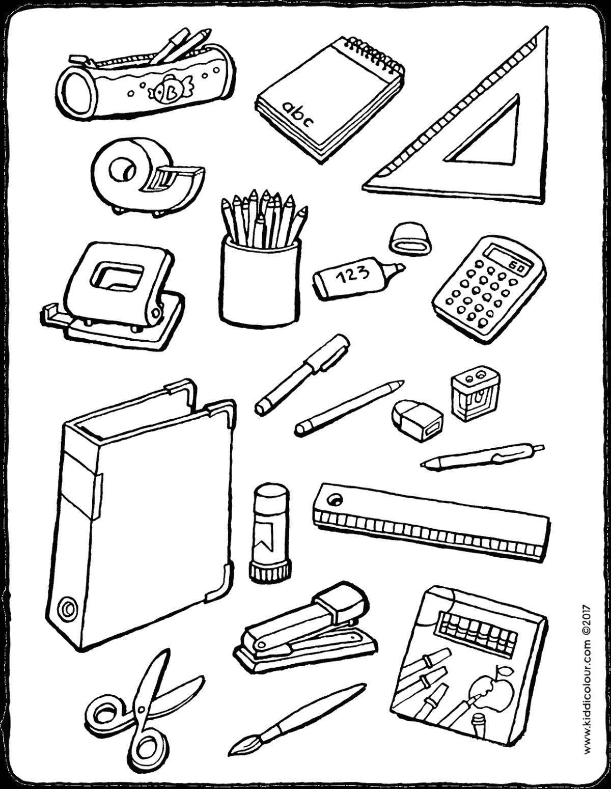 Colorful school supplies coloring page