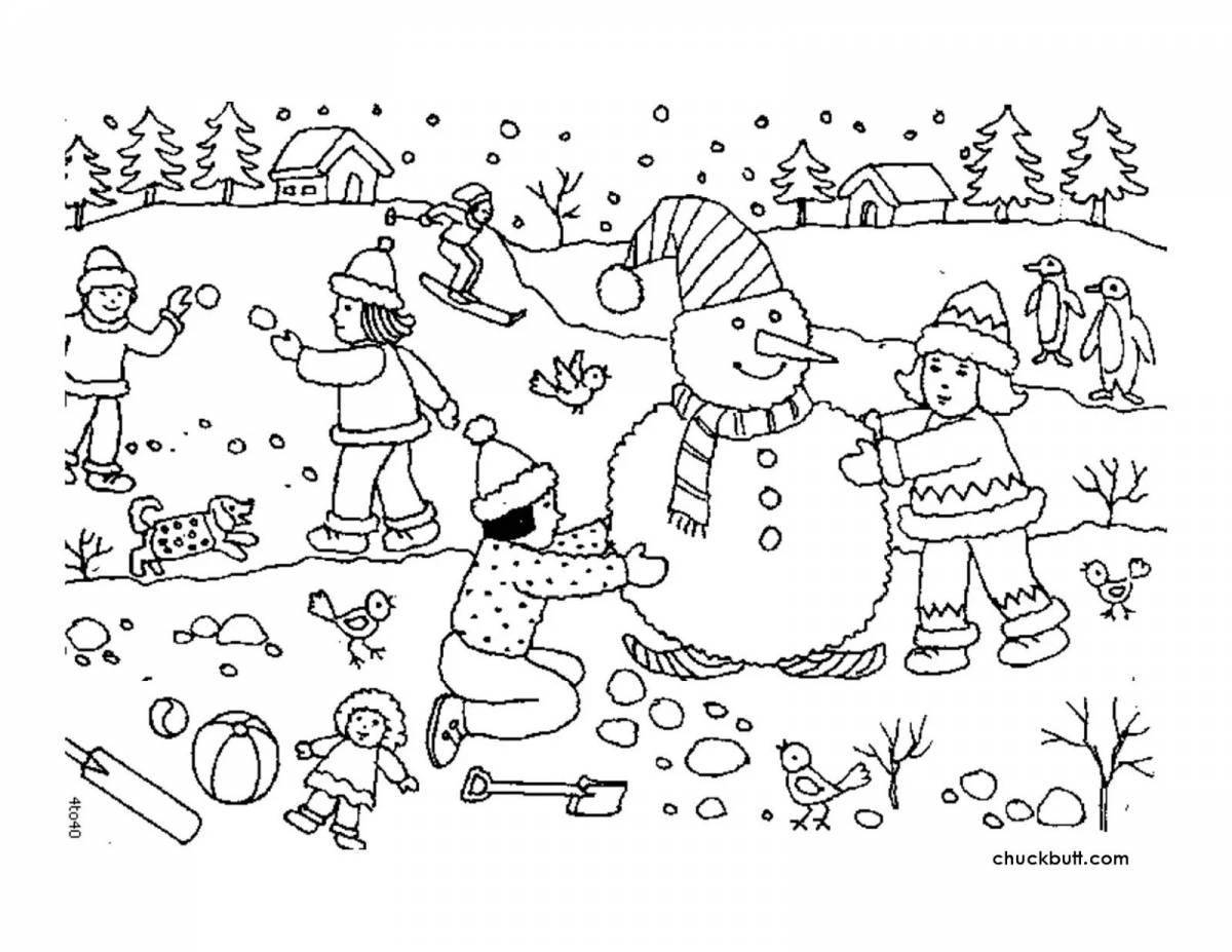 Красочная раскраска зимние каникулы для детей