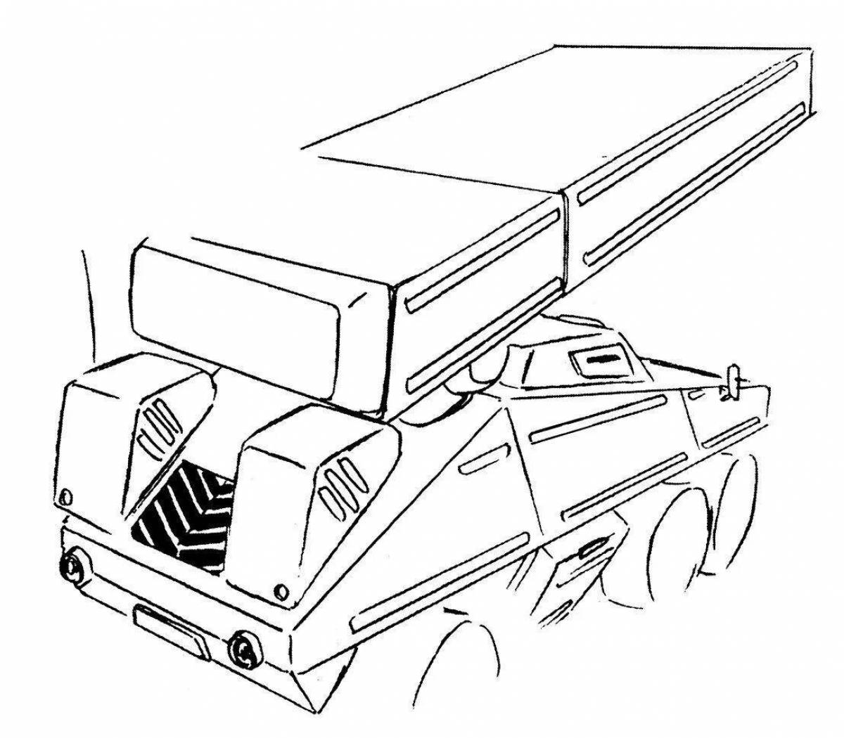 Colorful katyusha military vehicle coloring page for kids