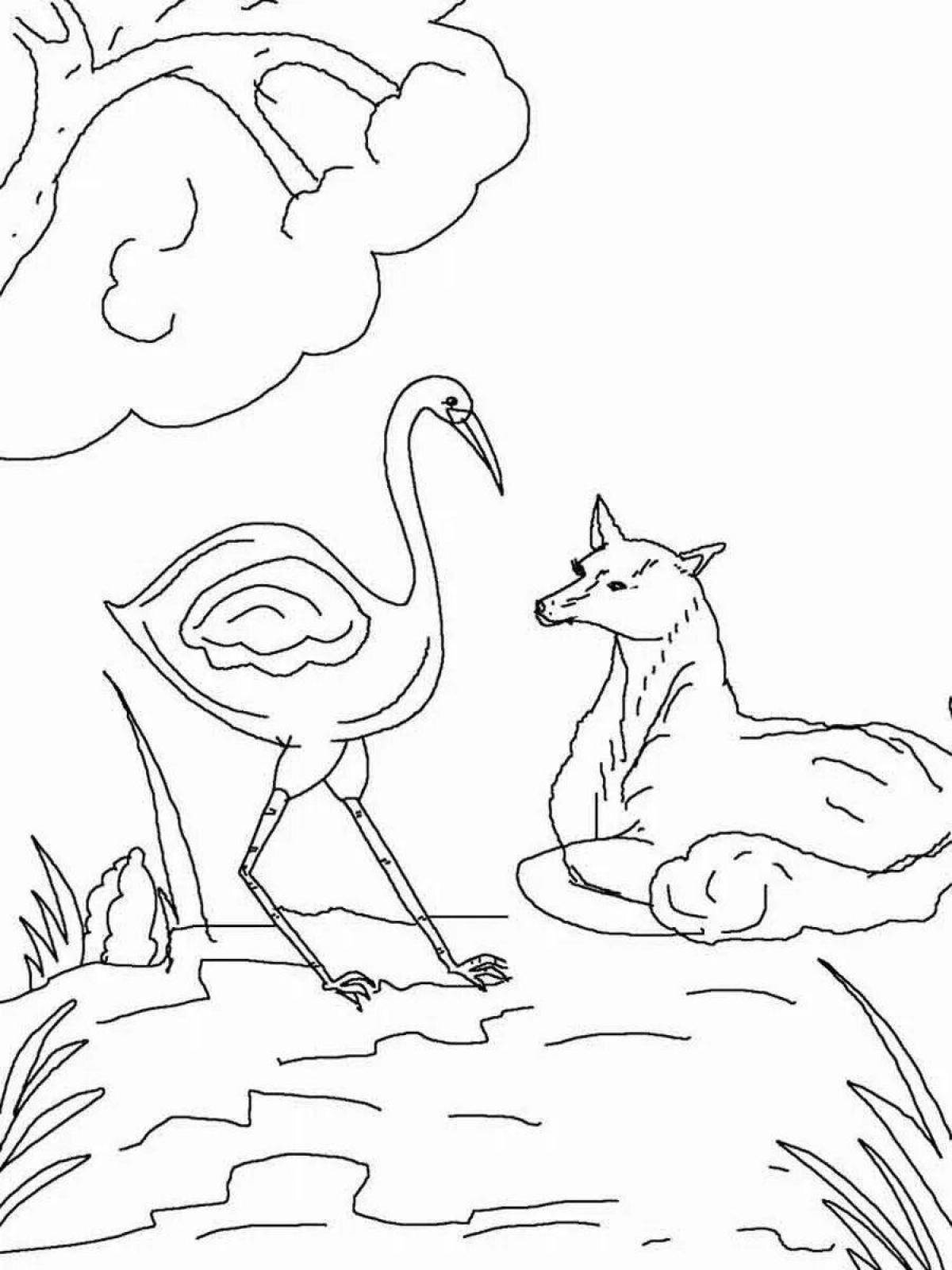 Amazing fox and crane coloring pages for kids