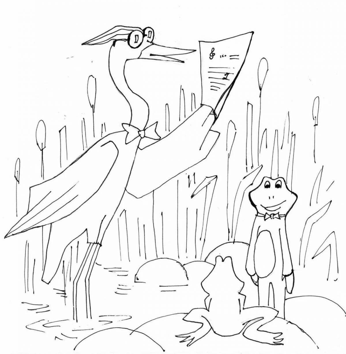 Colorful fox and crane coloring pages for kids