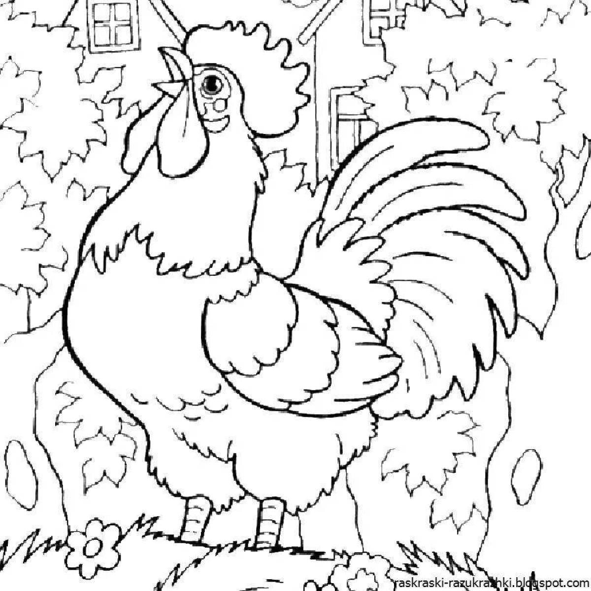 Coloring book playful rooster for children 6-7 years old