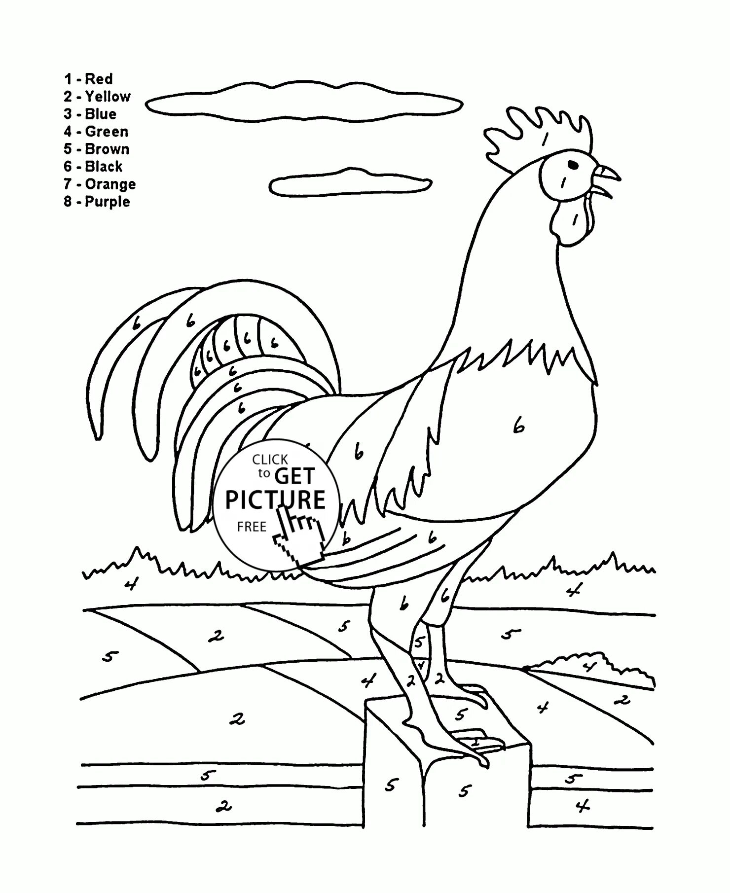 Animated rooster coloring page for 6-7 year olds