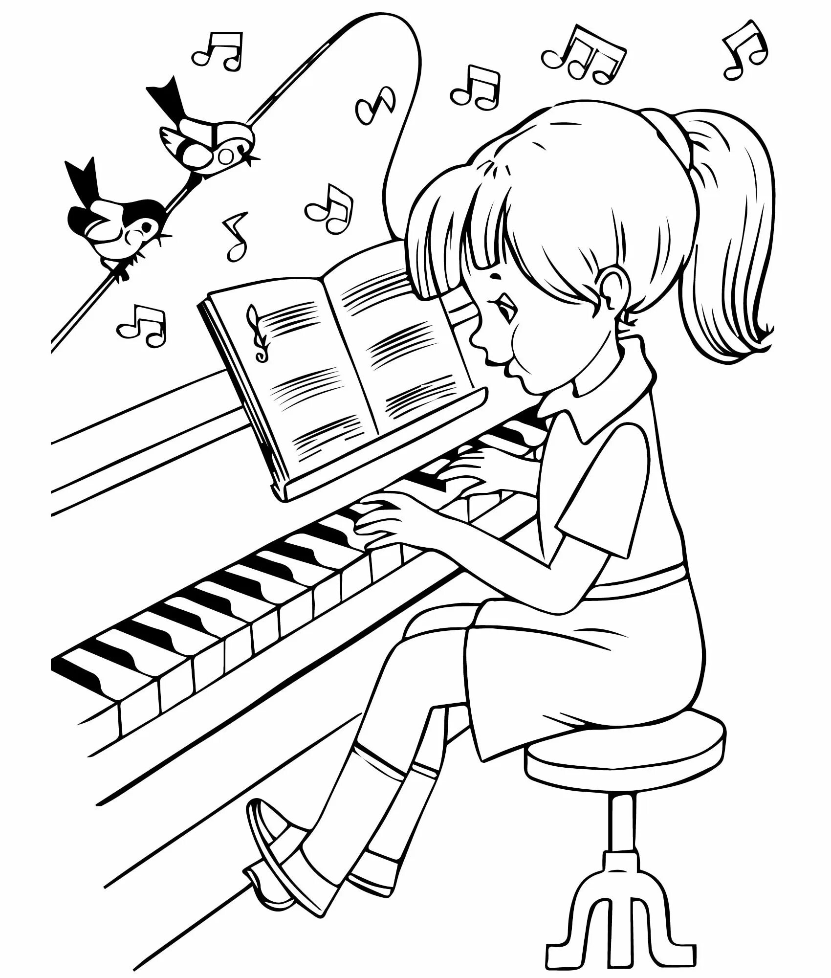 Раскраска девочка на пианино