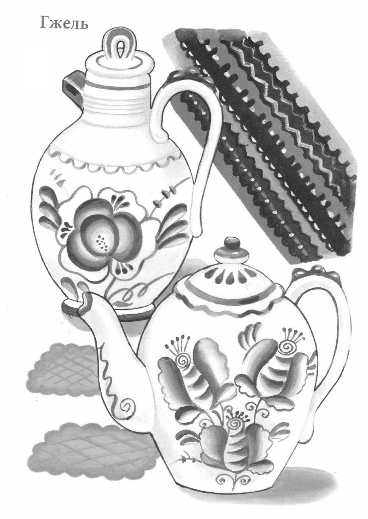 Яркая гжельская раскраска для детей 6-7 лет