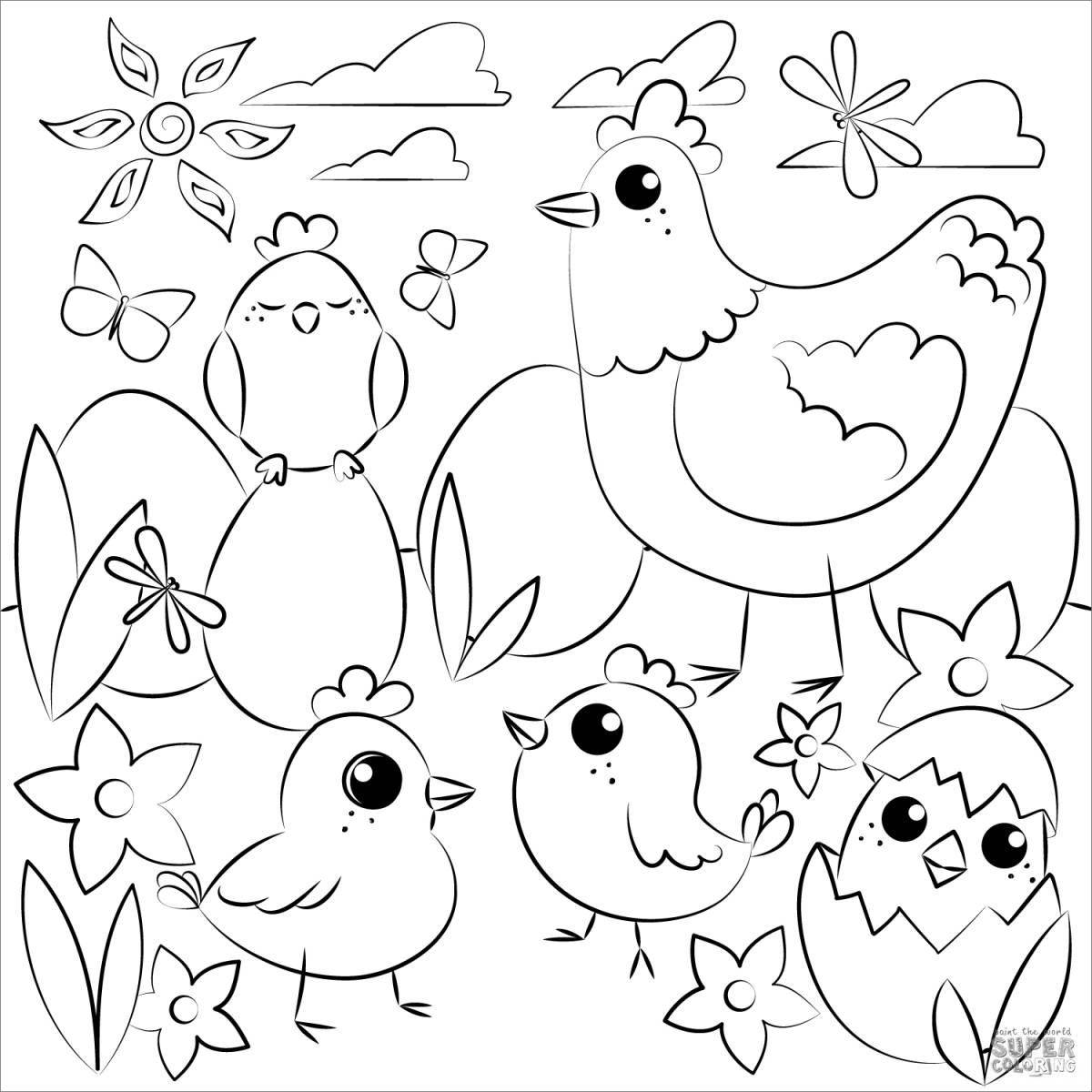 Colorful chickens coloring pages for kids