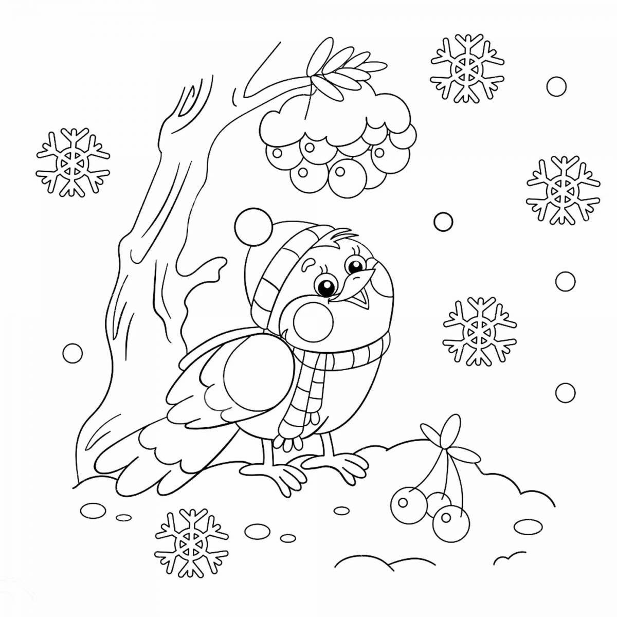 Большая страница раскраски зимних птиц для детей 3-4 лет