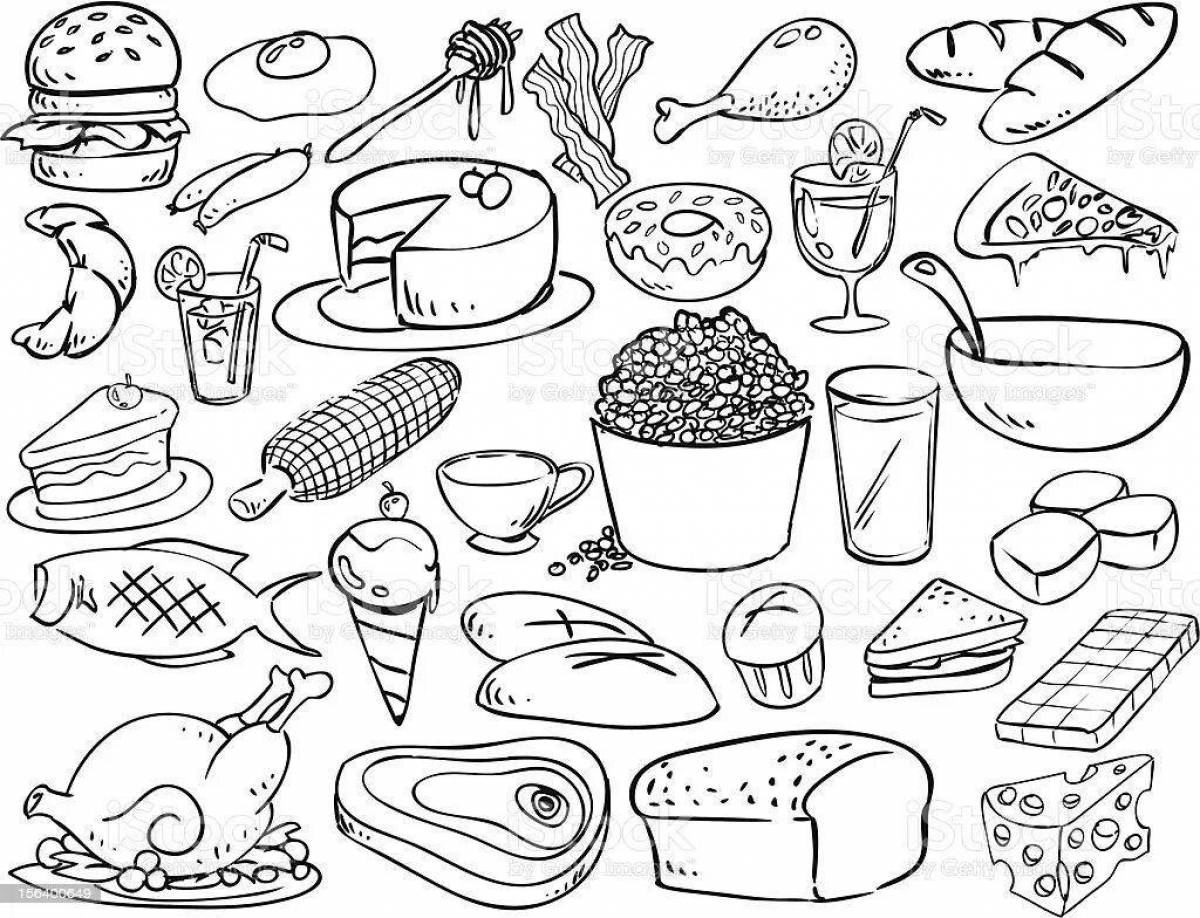 Fun coloring book about food for children aged 6-7