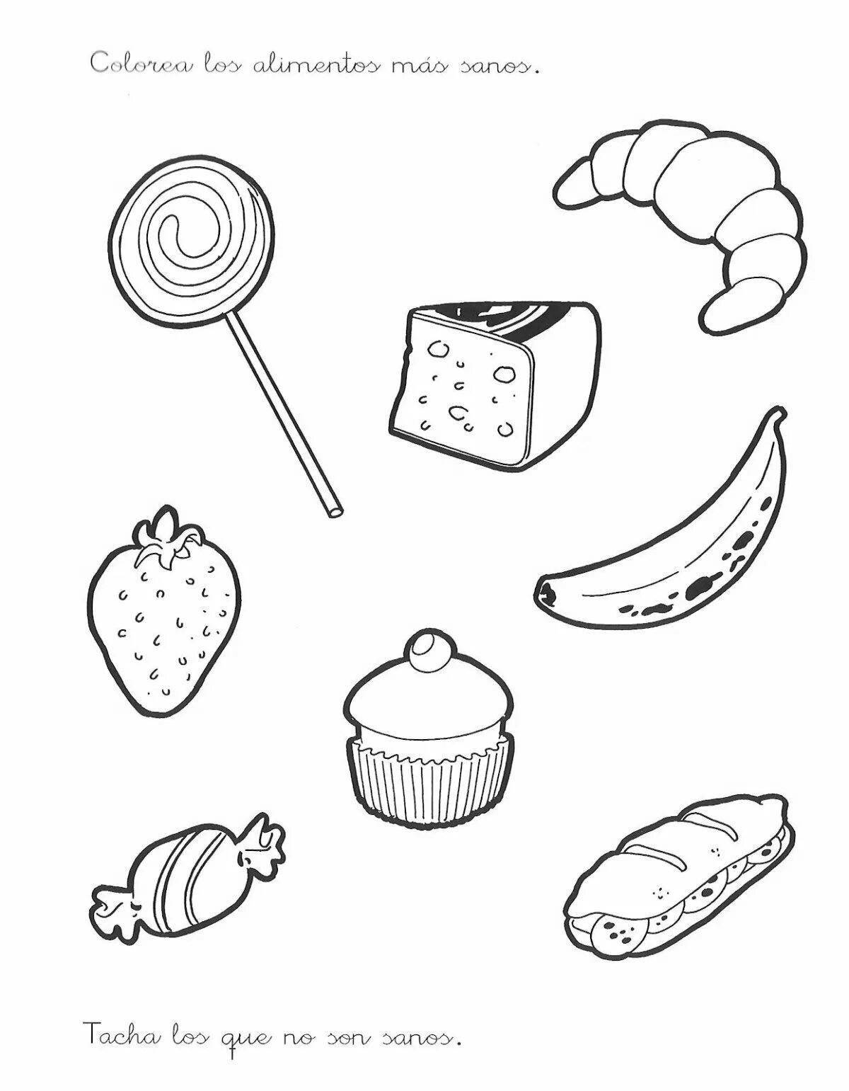 Красочная страница раскраски продуктов питания для логотипа группы 6-7 лет