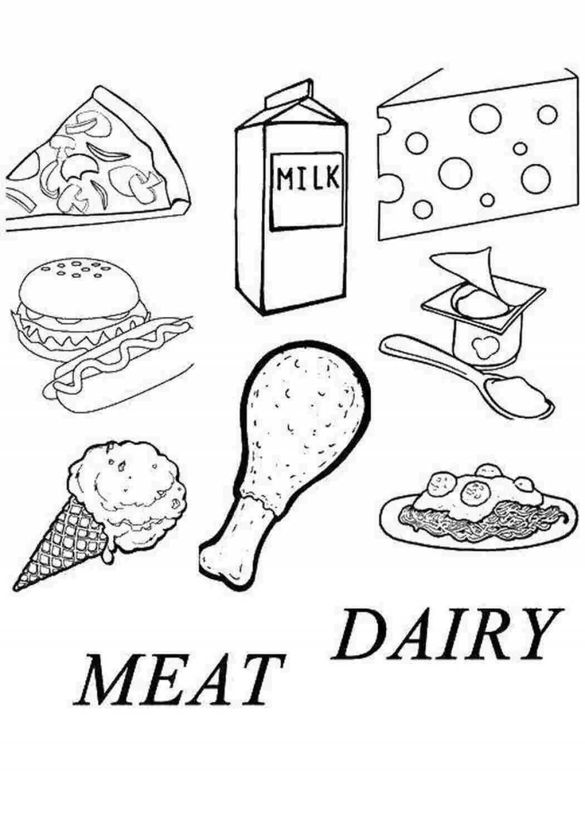 Страница раскраски «веселые продукты питания» для группы «лого» для детей 6-7 лет