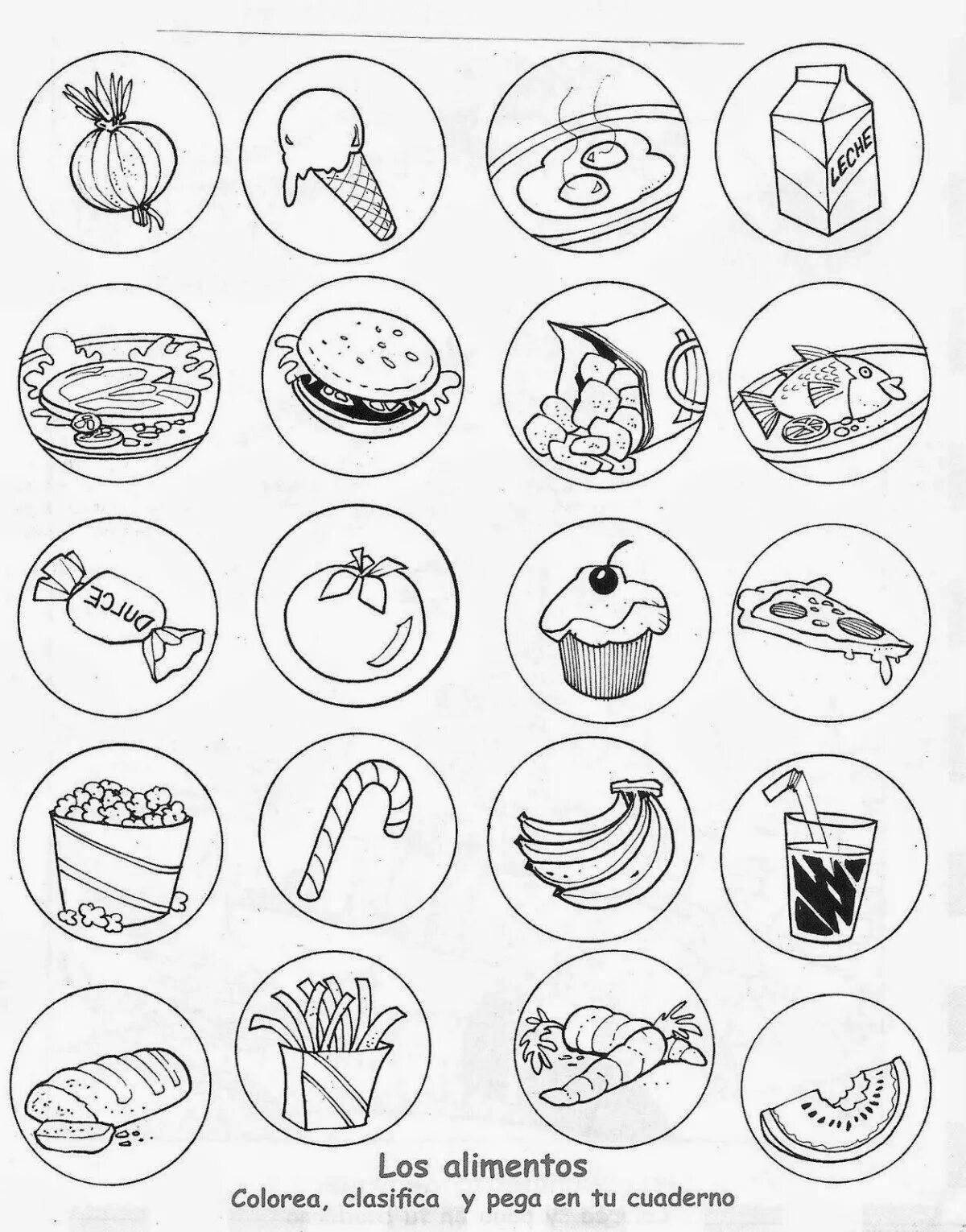 Цветная страница-раскраска «продукты питания» для группы логотипов для детей 6–7 лет