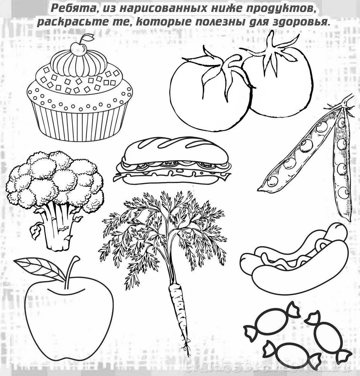 Colorful food coloring pages for children aged 6-7
