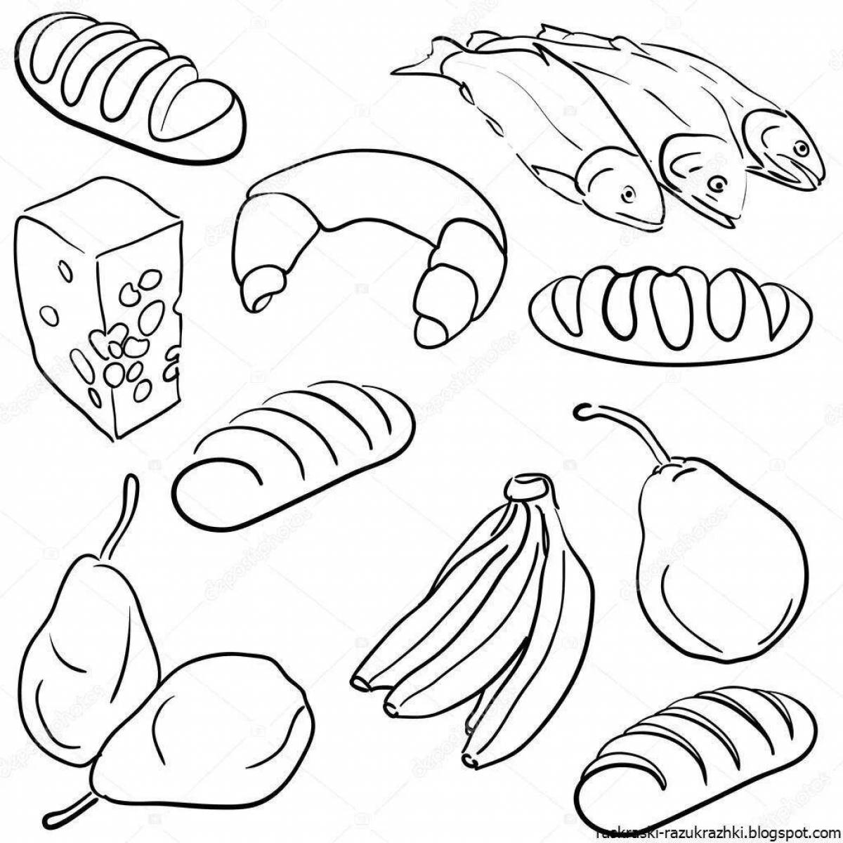 Fun foodstuffs coloring page for 6-7 year olds with logo