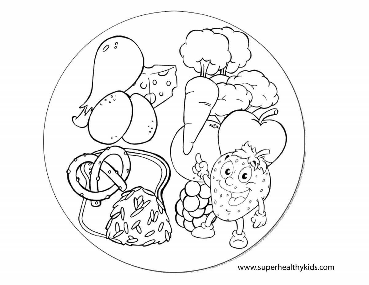 Страница раскраски «яркие продукты питания» для детей 6-7 лет с логотипом