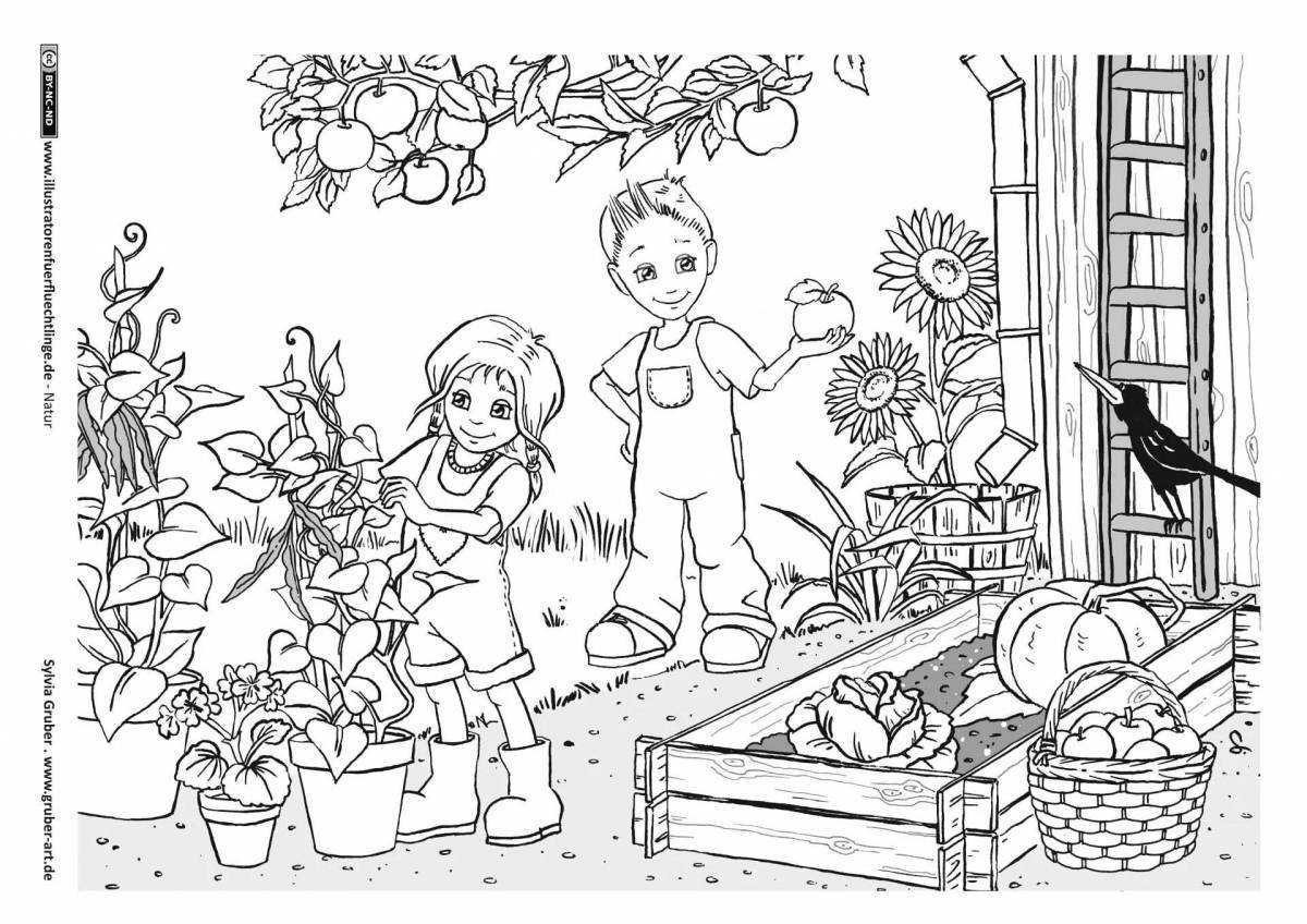 Colorful garden coloring book for kids