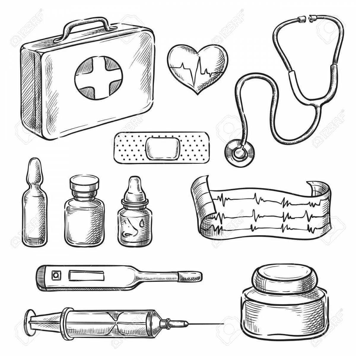 Colourful medical instruments coloring book
