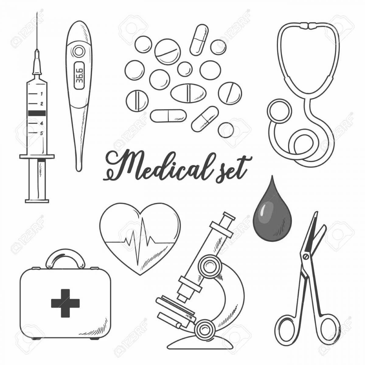 Playful coloring page of medical instruments