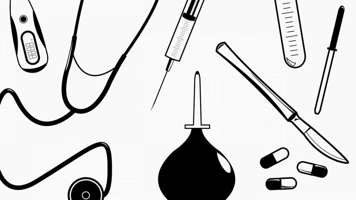 Coloring page stimulating medical instruments