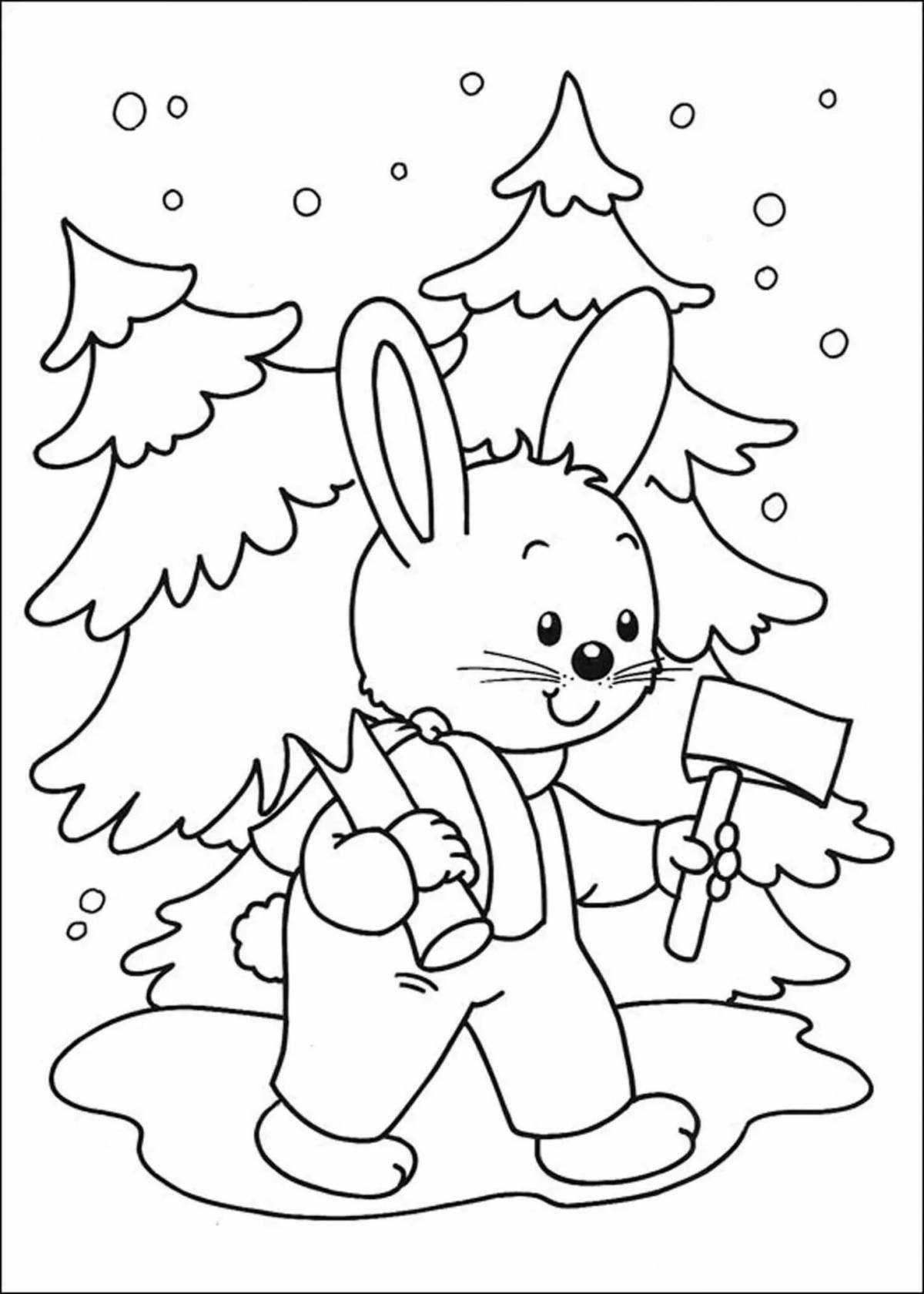 Coloring book playful Christmas rabbit