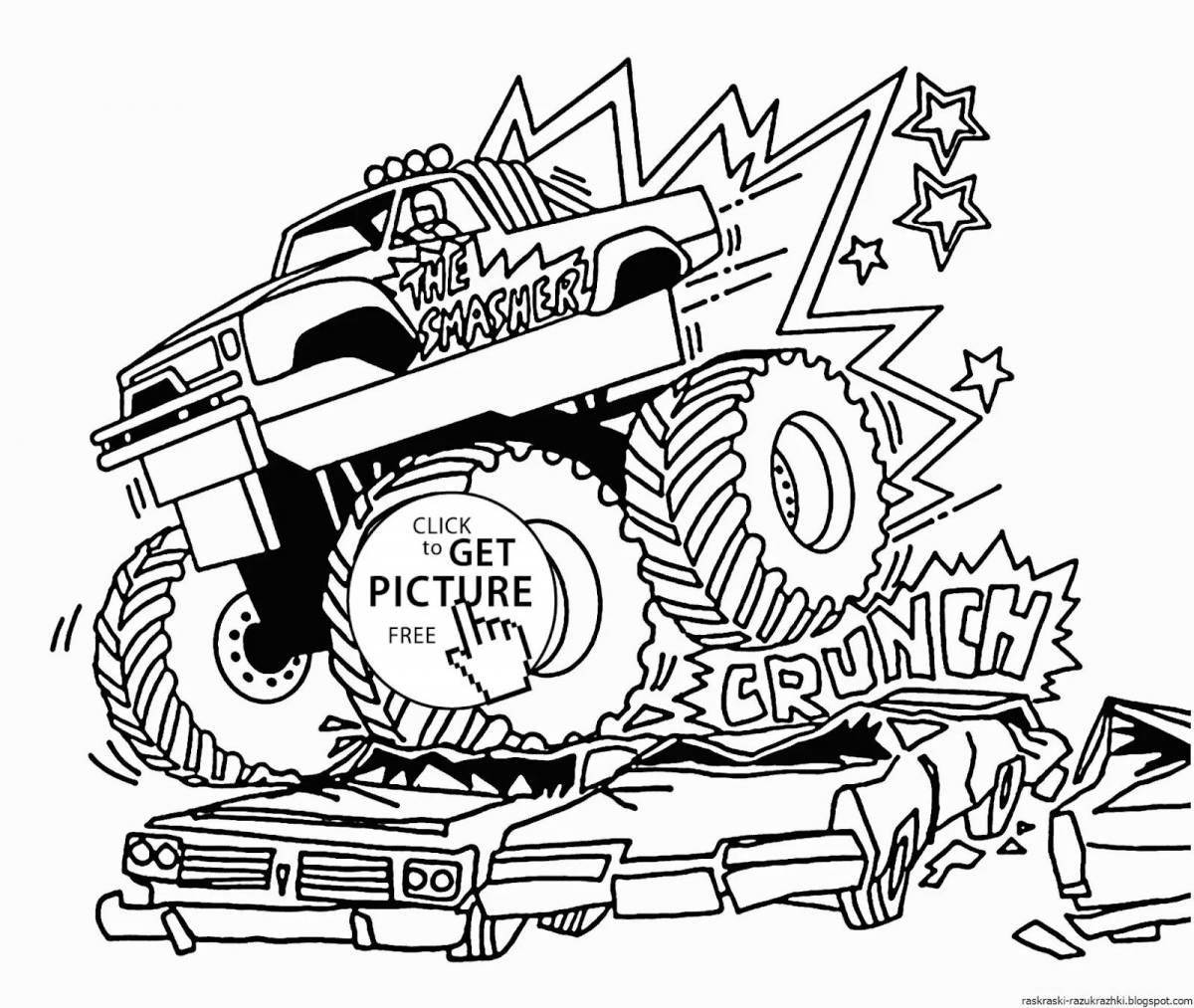 Сказочная страница раскраски грузовиков-монстров для мальчиков