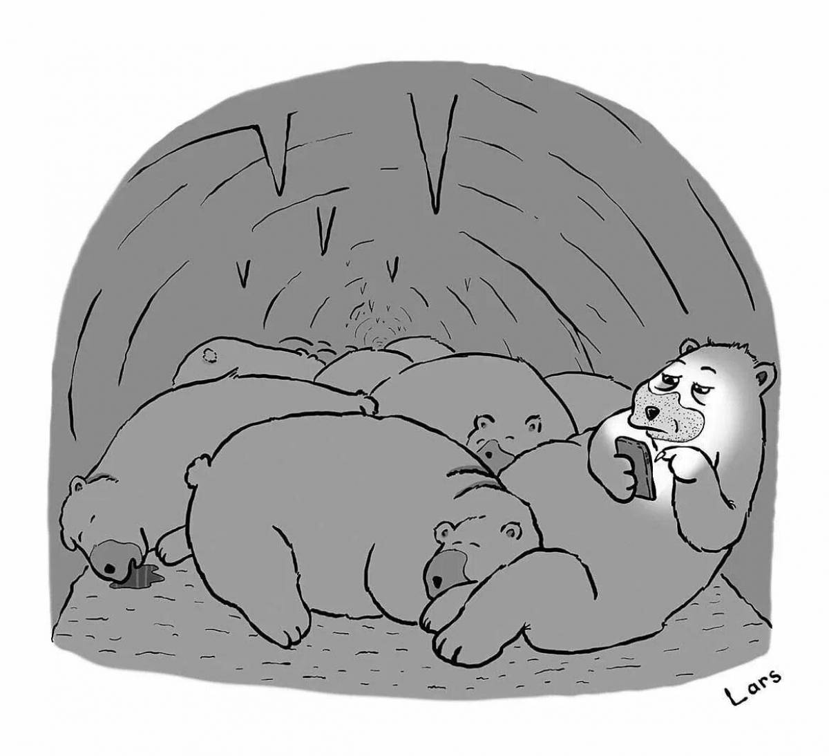 Coloring book playful bear dreaming in the den
