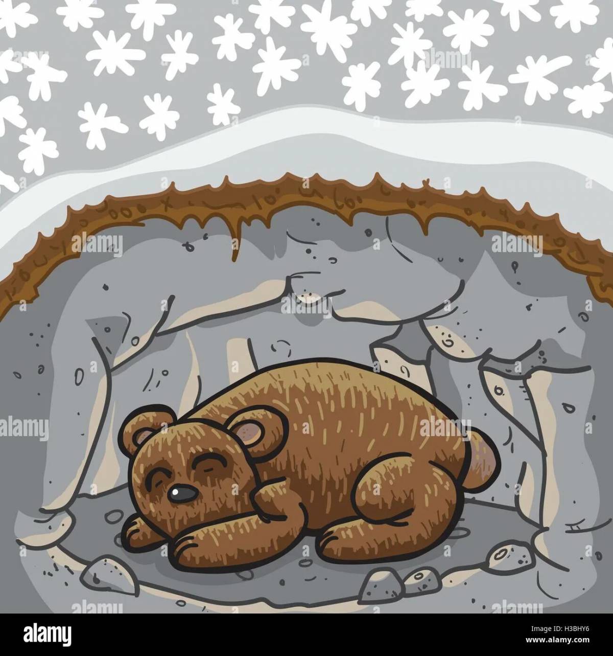Coloring book dozing bear in the den