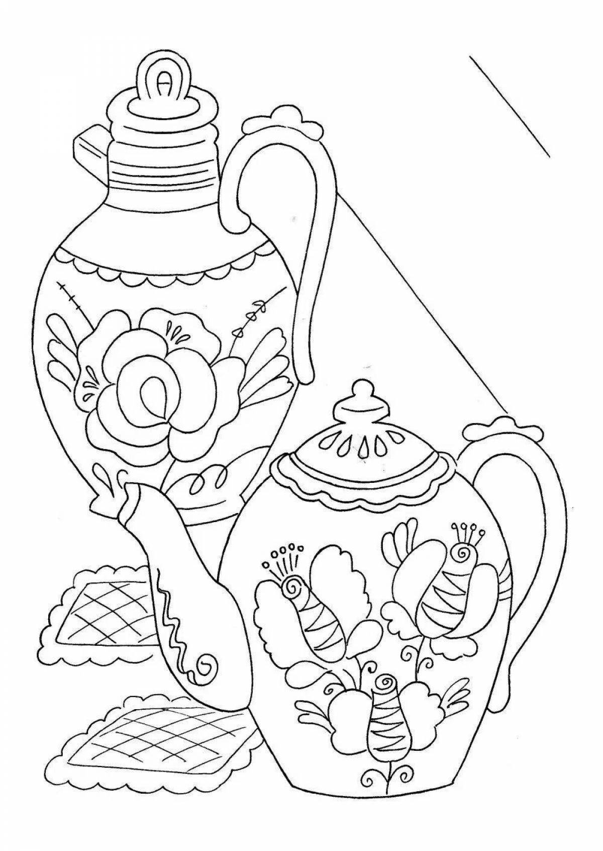 Coloring book inviting Gzhel dishes for children 6-7 years old