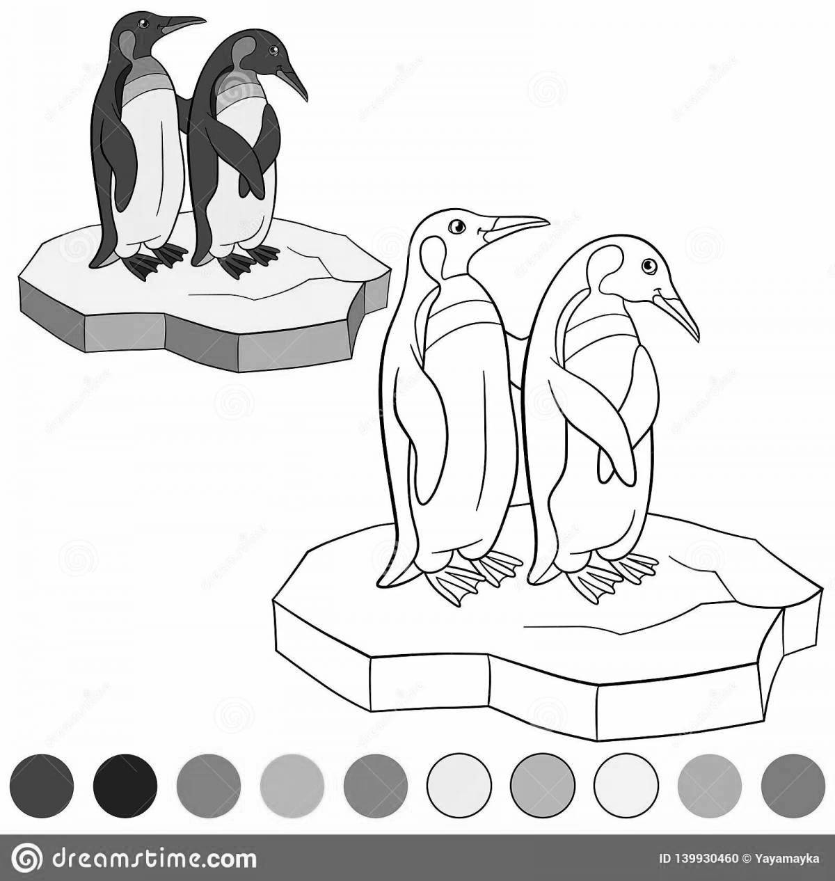 Coloring book playful penguin on an ice floe for children