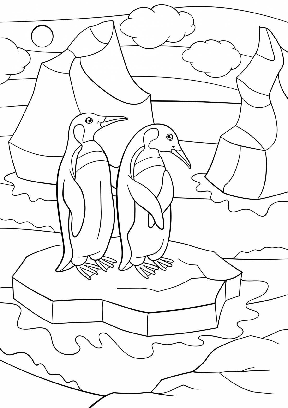 Coloring book funny penguin on an ice floe for children
