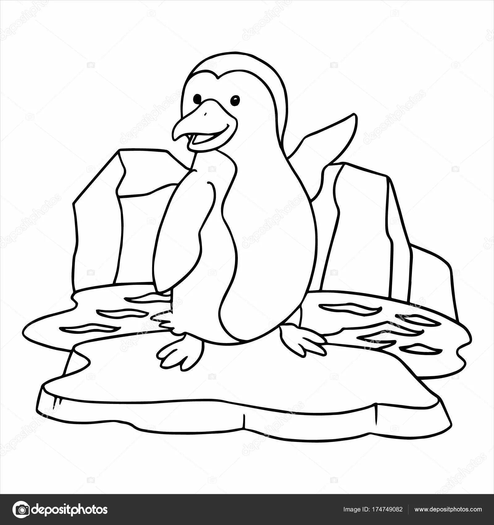 Coloring book exotic penguin on an ice floe for children