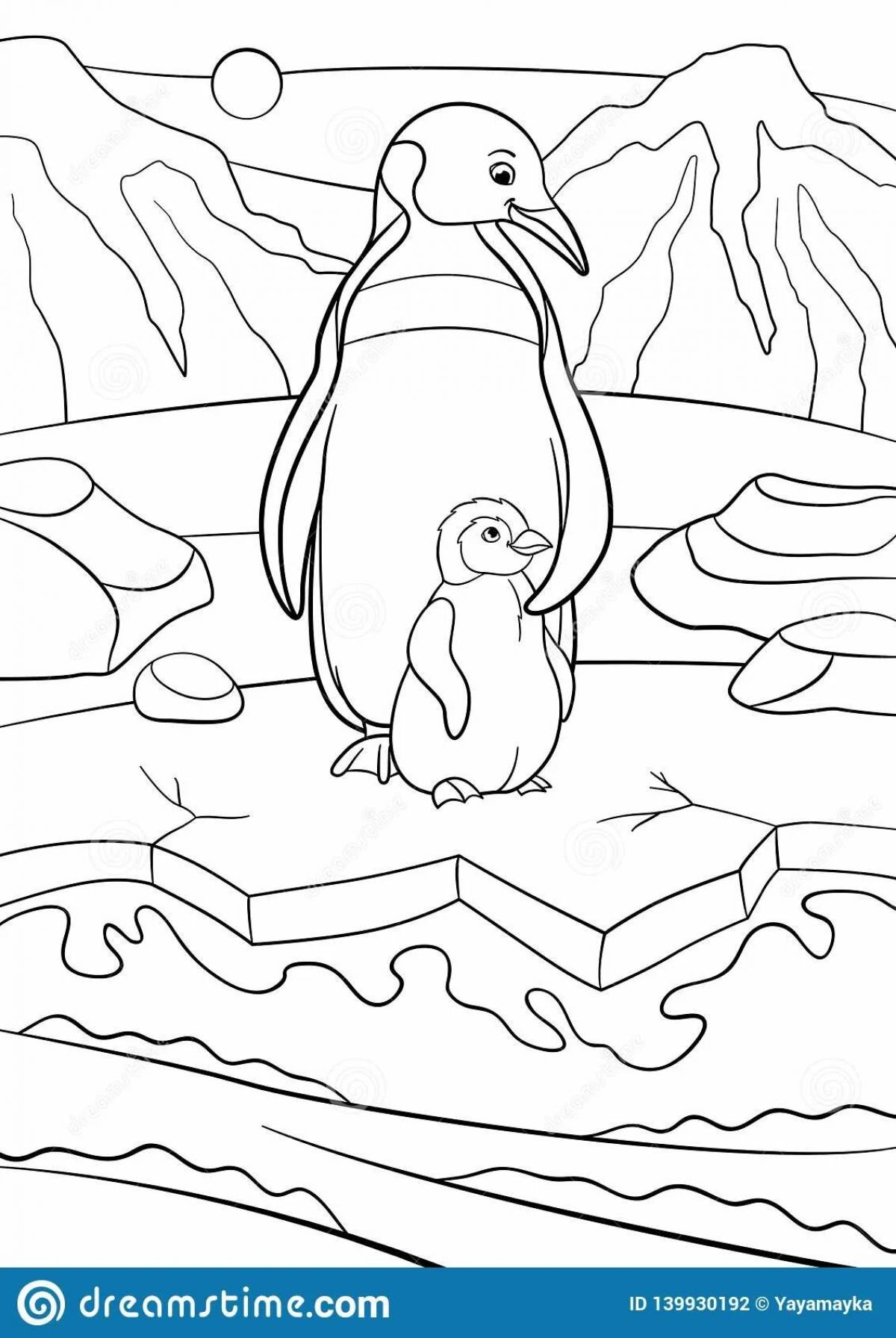 Coloring book magic penguin on an ice floe for children
